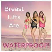 Breast Lifts are Waterproof. Three ladies in swimsuits on a beach.